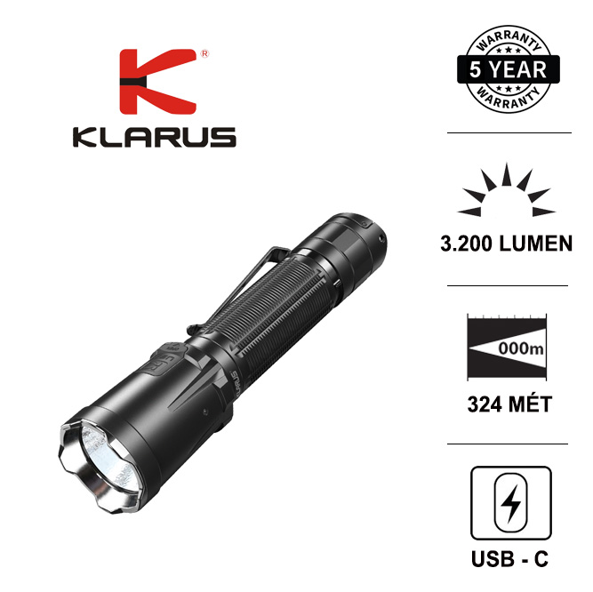 KLARUS XT21C - Đèn pin tác chiến phản ứng nhanh độ sáng 3200 lumen chiếu xa 324m bóng LED Luminus SST70 cổng sạc USB type C 1 PIN 5000mAh