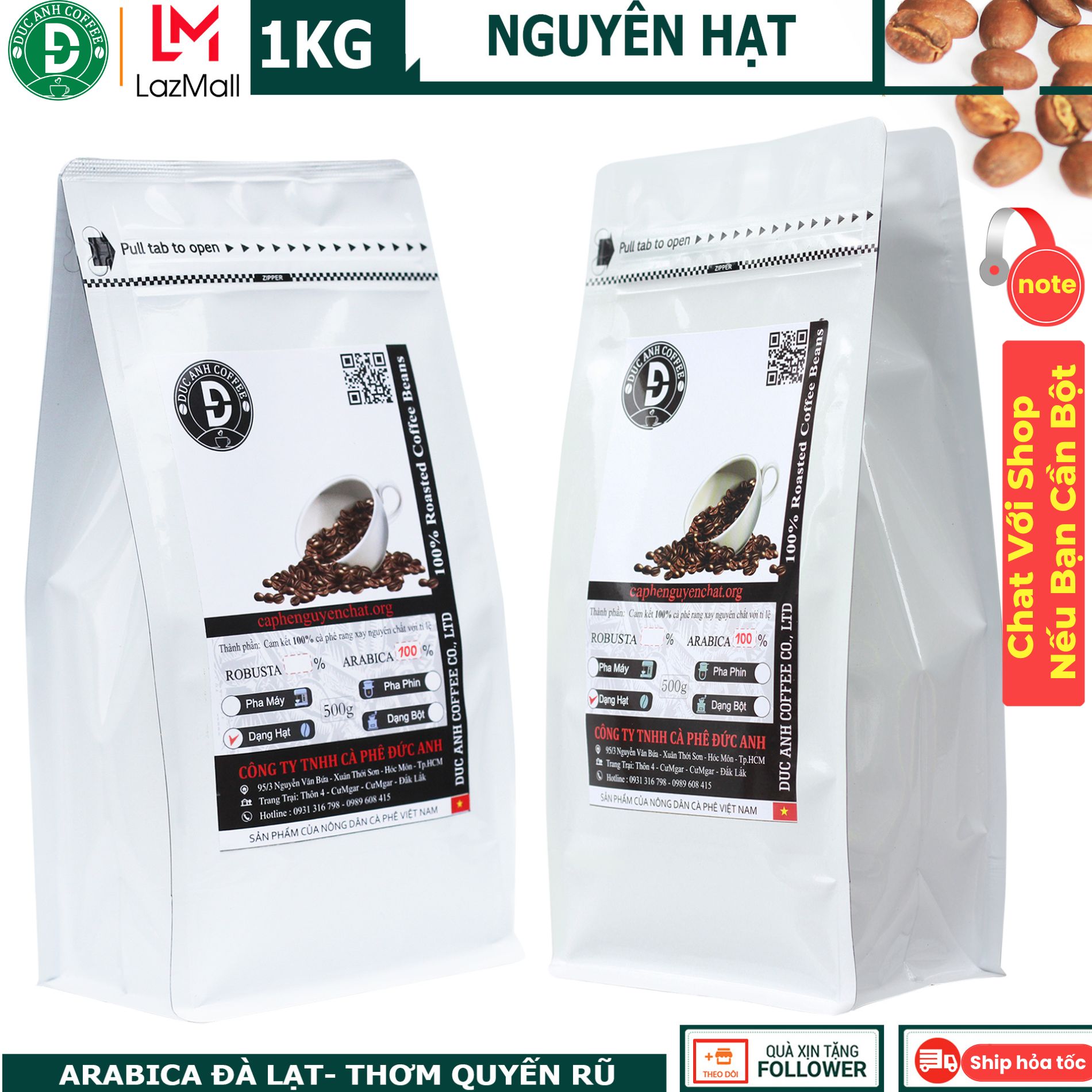 [sale trợ giá] 1kg cà phê HẠT Arabica rang mộc - Xuất xứ Đà Lạt - 2 gói zipper 500g - Thương hiệu cà phê rang mộc DUC ANH COFFEE - Cà phê Đức Anh - cà phê nguyên hạt - arabica coffee cafe hạt rang mộc