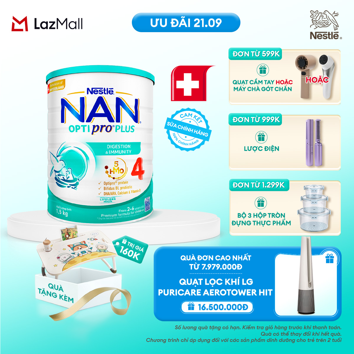 [Tặng bàn gấp gọn] Sữa bột Nestlé NAN OPTIPRO PLUS 4 1500g/lon với 5HMO Giúp tiêu hóa tốt