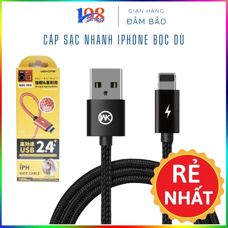Cáp sạc iphone wdc- 093i 💝big sale💝 cáp sạc nhanh 2.4a lightning chống xoắn, dây sạc bọc dù chống đứt siêu bền