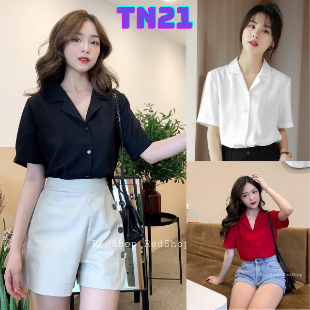 Áo sơ mi nữ form rộng cổ vest tay ngắn nhiều màu sắc vải Lụa mềm mịn mát Không nhăn 40-90kg VRN02