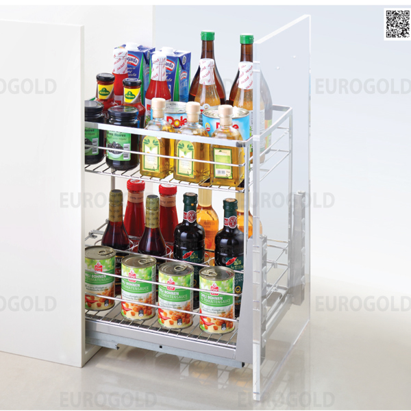 Kệ để gia vị 2 tầng có nan dẹt bằng Inox 304 bóng mờ và ray trượt giảm chấn cao cấp của hãng Eurogold, sản phẩm được nhập khẩu
