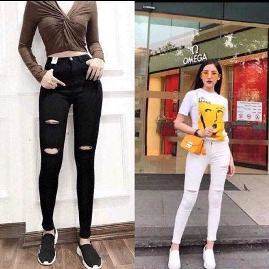 Quần jean nữ, quần bò nữ rách gối - đùi màu đen -trắng co giãn cao cấp