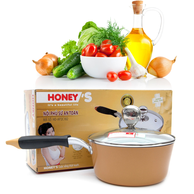 [Nhập Code: LAZSOCIAL0850K]Nồi phủ sứ an toàn Honey's HO-AP2C182 size 18 màu vàng (không dùng cho bếp từ)