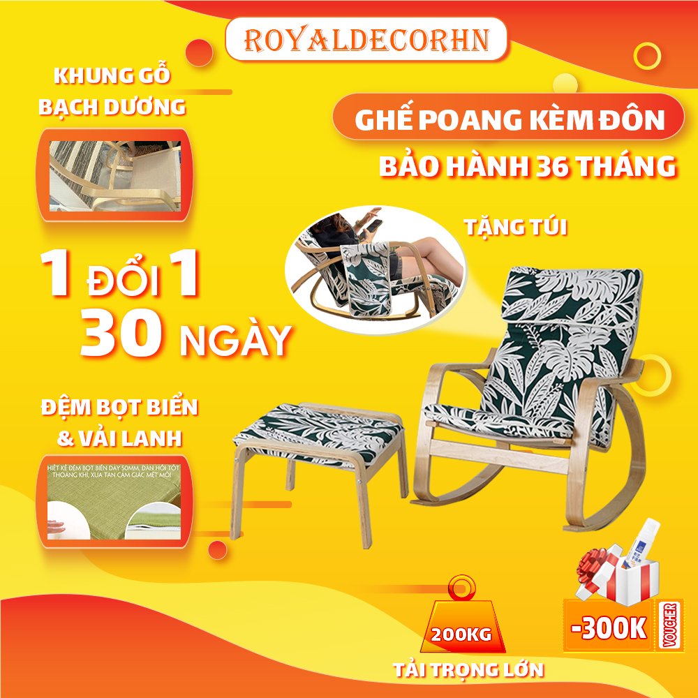 Ghế poang bập bênh đọc sách royaldecorhn ghế bập bênh khung gỗ bạch dương, ghế tựa lưng thư giãn