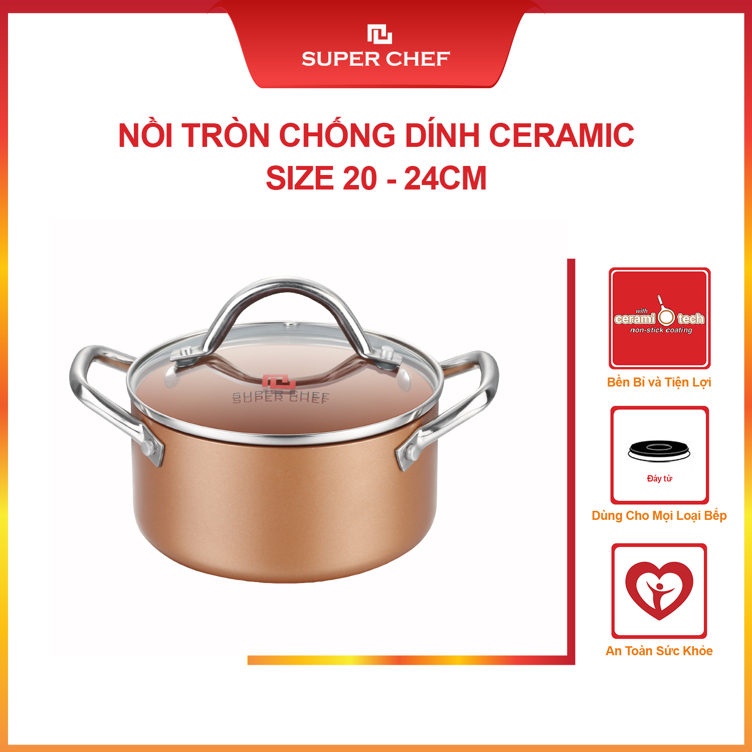 Nồi Super Chef Kèm Nắp Siêu Bền Bỉ, Nấu Mọi Loại Bếp (từ, gas,điện,....) Không Bong Tróc