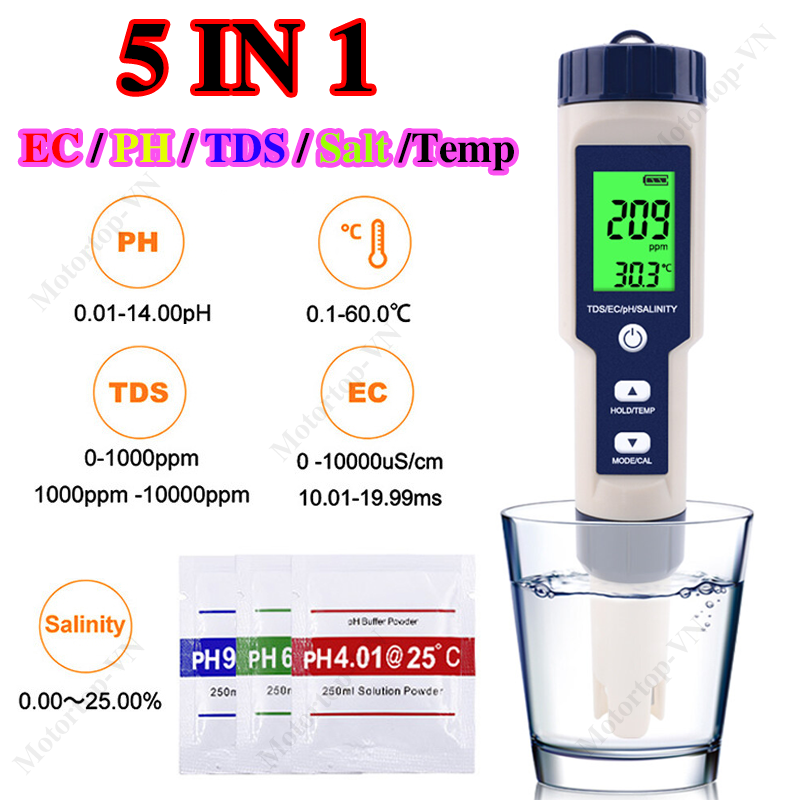 Bút kiểm tra chất lượng nước 5 trong 1 , dùng để làm vườn và đo độ ph/tds/ec/độ mặn/nhiệt độ