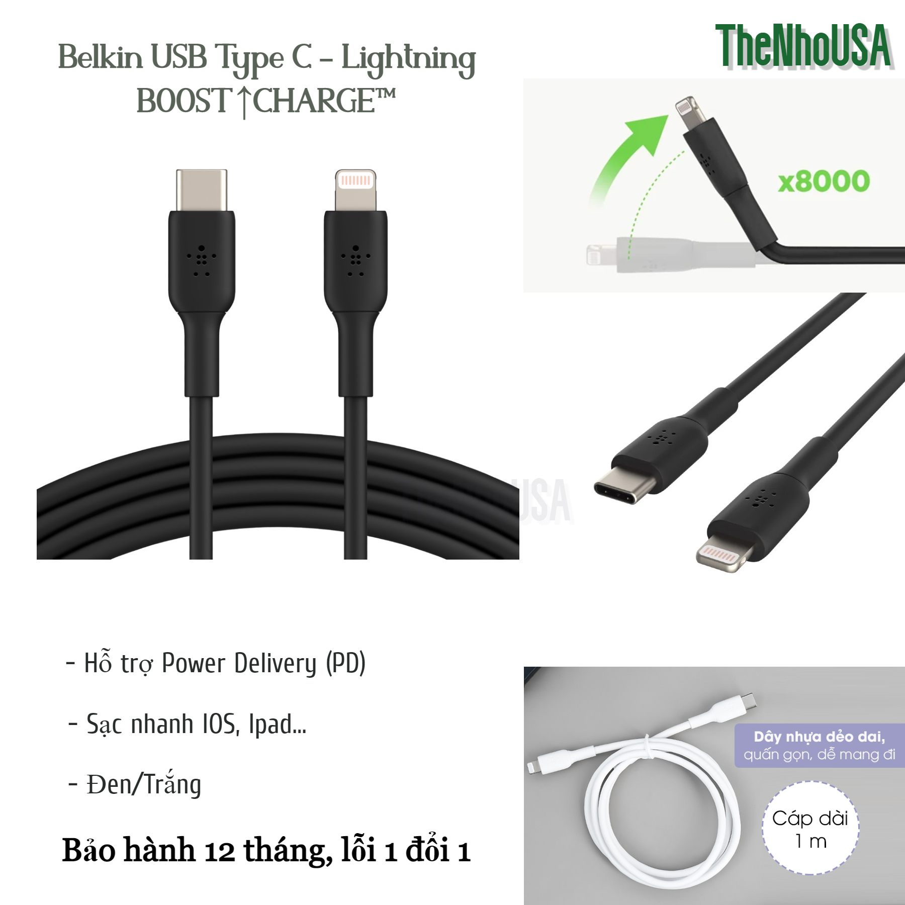 [Nhập LAZSOCIAL100K giảm 15% tối đa 100K]Cáp Belkin Type C to Lightning - 1,0m (MFI)