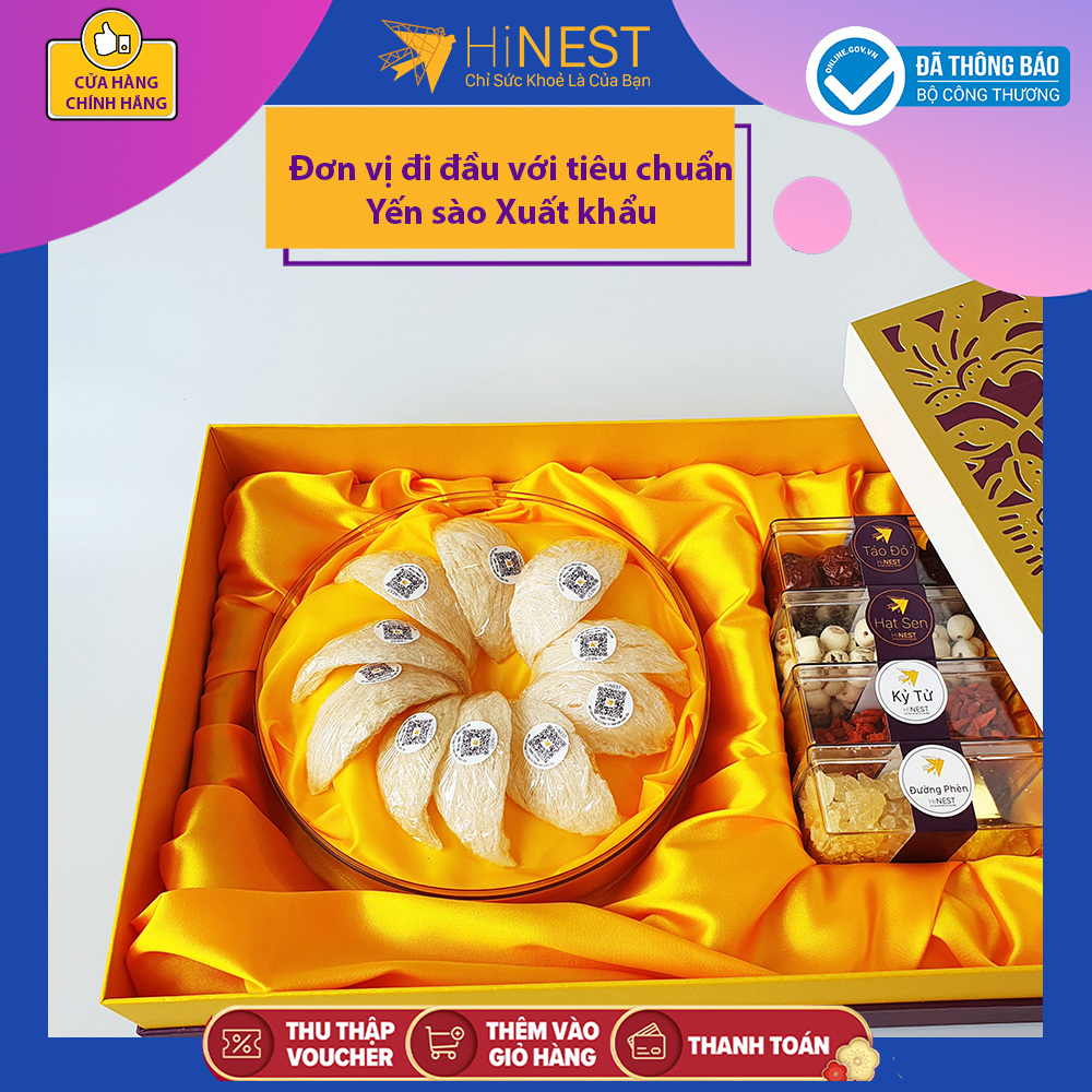 Hộp quà Tổ yến rút lông khô 70gr - Yến sào Thượng Hạng HiNest (100% sợi yến dài, không yến vụn yến bể, tổ yến nguyên chất loại 1) + Tặng kèm táo đỏ + kỷ tử + hạt sen + đường phèn