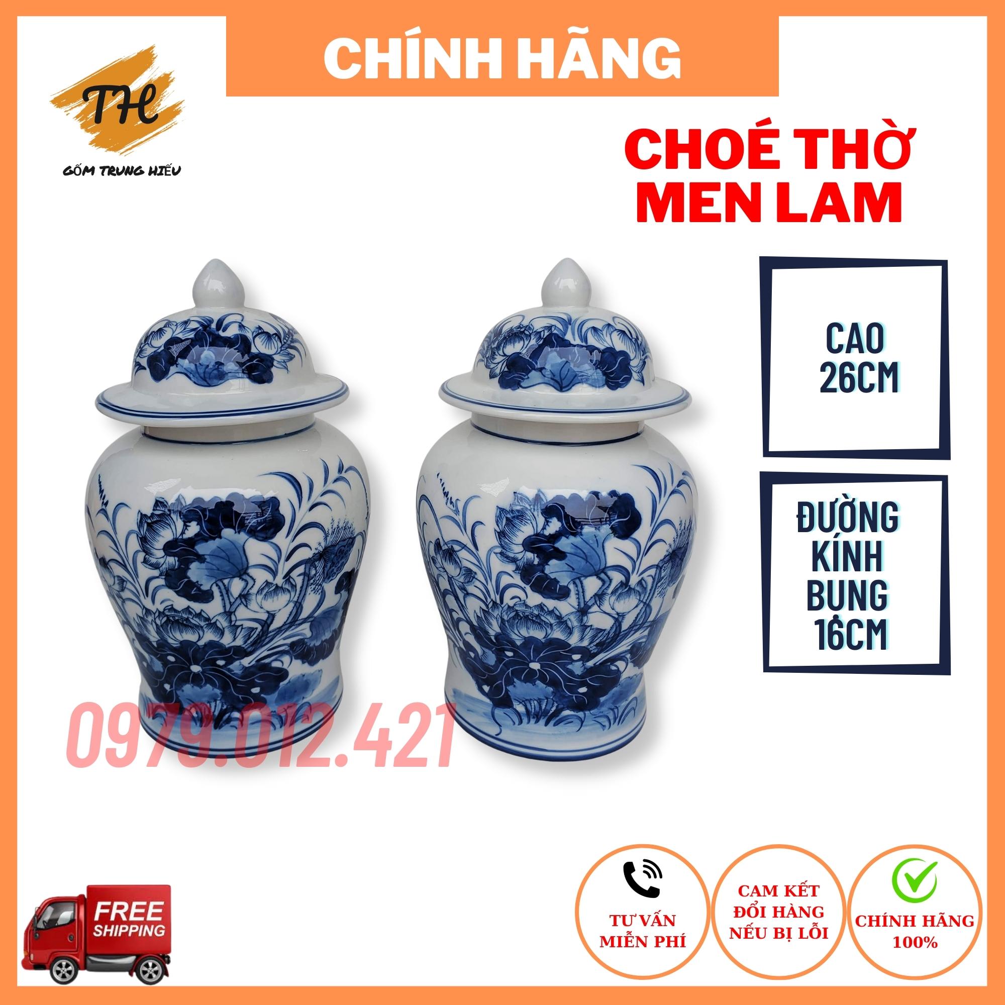 Chóe thờ men lam Bát Tràng vẽ tay loại đại cao 26cm