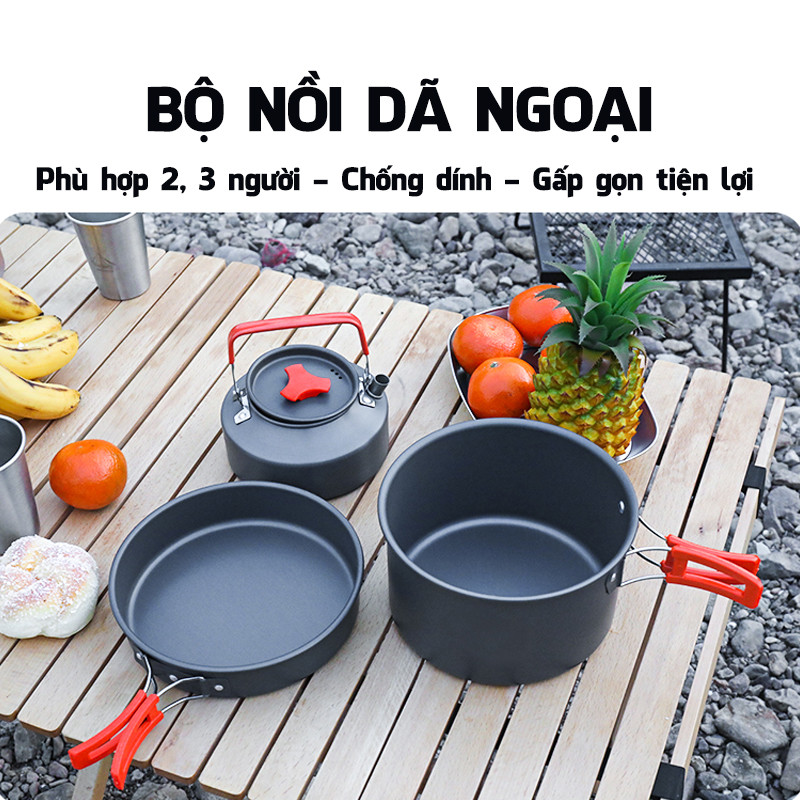Bộ Nồi Nấu Ăn Dã Ngoại Hợp Kim Nhôm Chống Dính, Gọn Nhẹ, Nồi Và Chảo Du Lịch Nấu Ăn Dành Cho 2-3 Người Tiện Lợi.