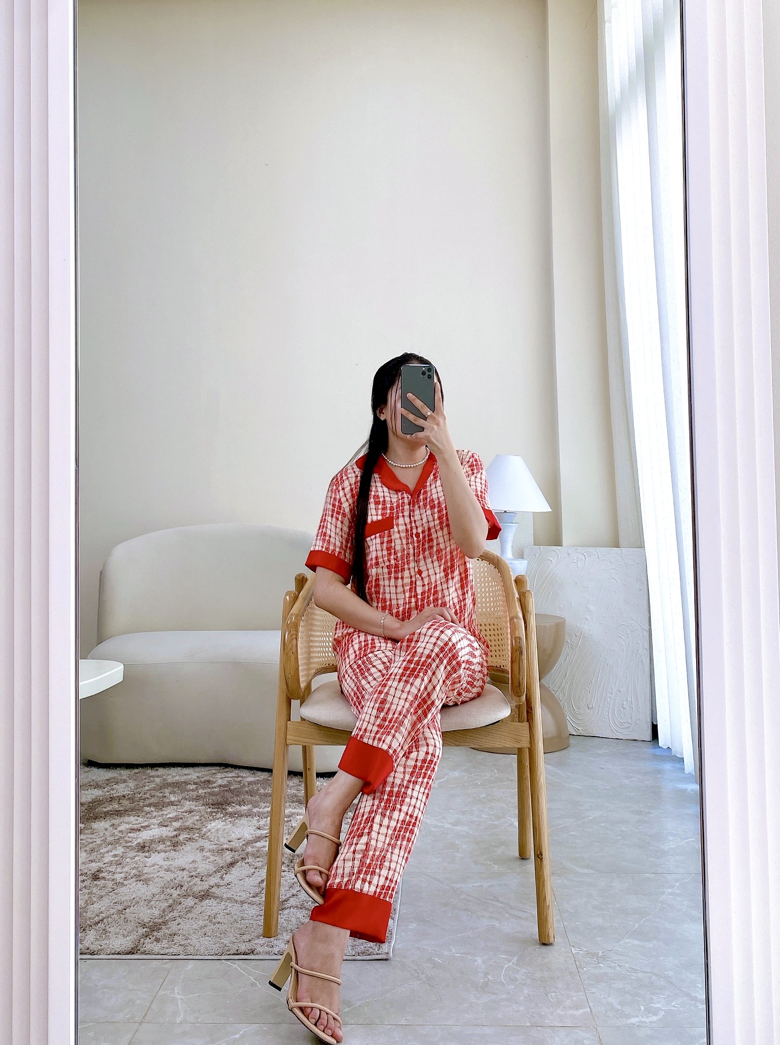 Pijama Đồ ngủ - Đồ mặc nhà Lụa Tay ngắn quần ngắn Satino - Tabi Red & Karen Orange