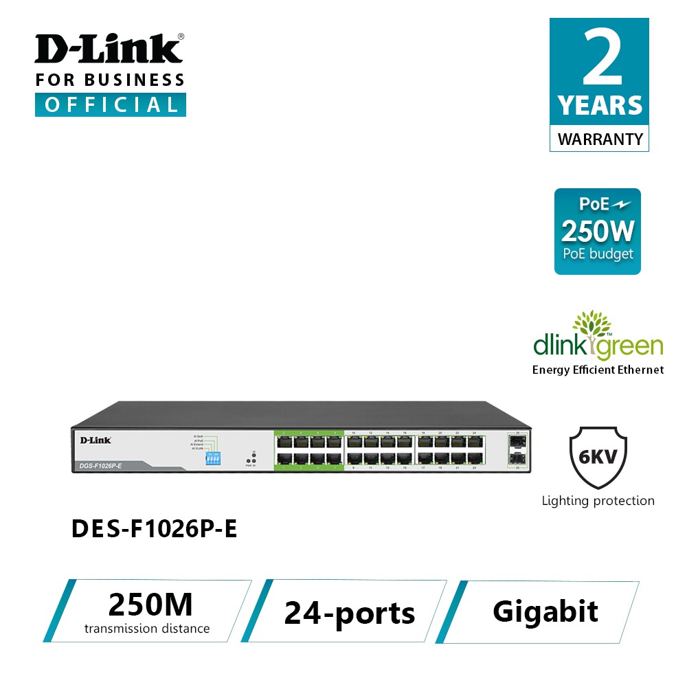 D-link des-f1026p-e - bộ chia cổng mạng có poe 24 cổng 100mbps và gigabit combo