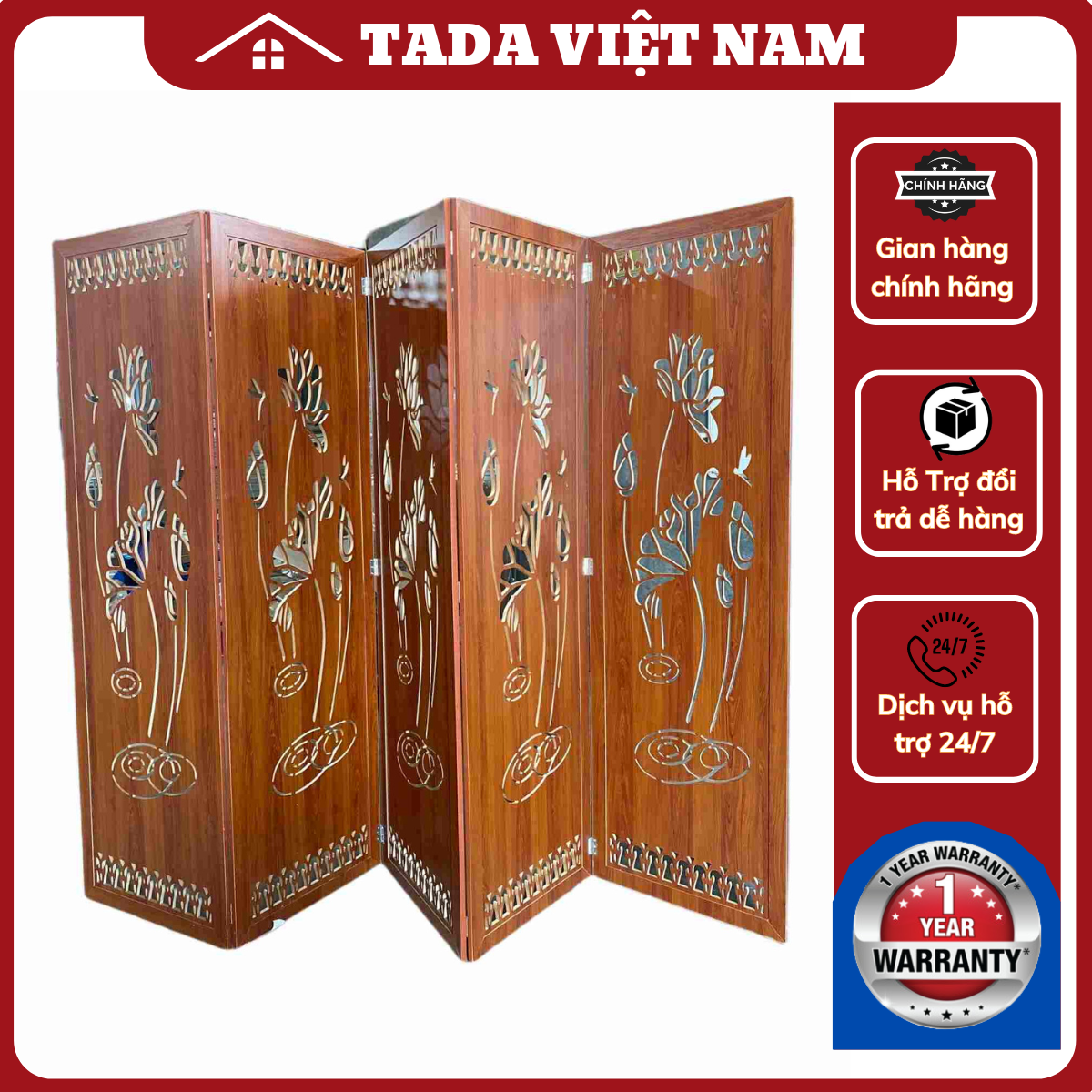 Vách bình phong, vách ngăn phòng họa tiết cây sen mẫu mới, CNC chất liệu gỗ MDF phủ melamin TADA Việt Nam