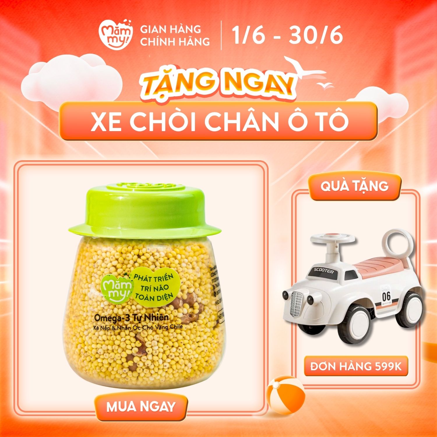 Hạt mix Mămmy bổ sung omega-3 tự nhiên cho bé ăn dặm trên 6 tháng, kê nếp và nhân hạt óc chó vàng chile, hũ 135g