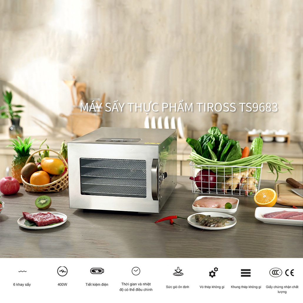 Máy sấy hoa quả Tiross TS9683, Máy sấy thực phẩm đa năng 6 khay sấy, chất liệu inox (Tặng kèm công thức sấy)
