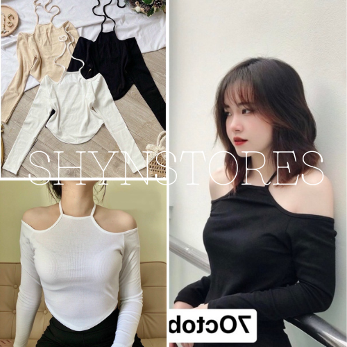 Áo yếm nữ dài tay buộc dây cổ vải thun tăm co giãn form ôm Shynstores freeship