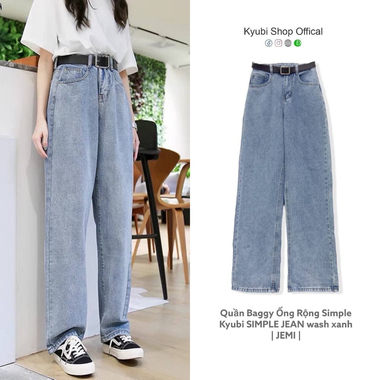 [VOUCHER 12%/149K] Quần Jean Ống Rộng Cạp Lưng Cao JEMI màu wash denim phong cách ulzzang baggy (Có Size Đại Bigsize) - Kyubi Shop JEMI.1D