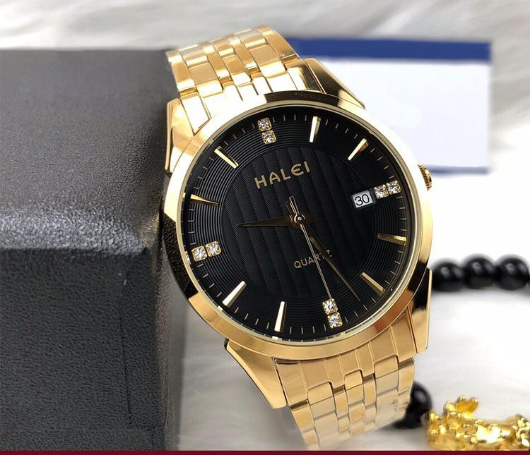 Đồng hồ cặp thời trang nam nữ Halei 562 Hl1 mặt tròn dây kim loại kèm lịch ngày cao cấp