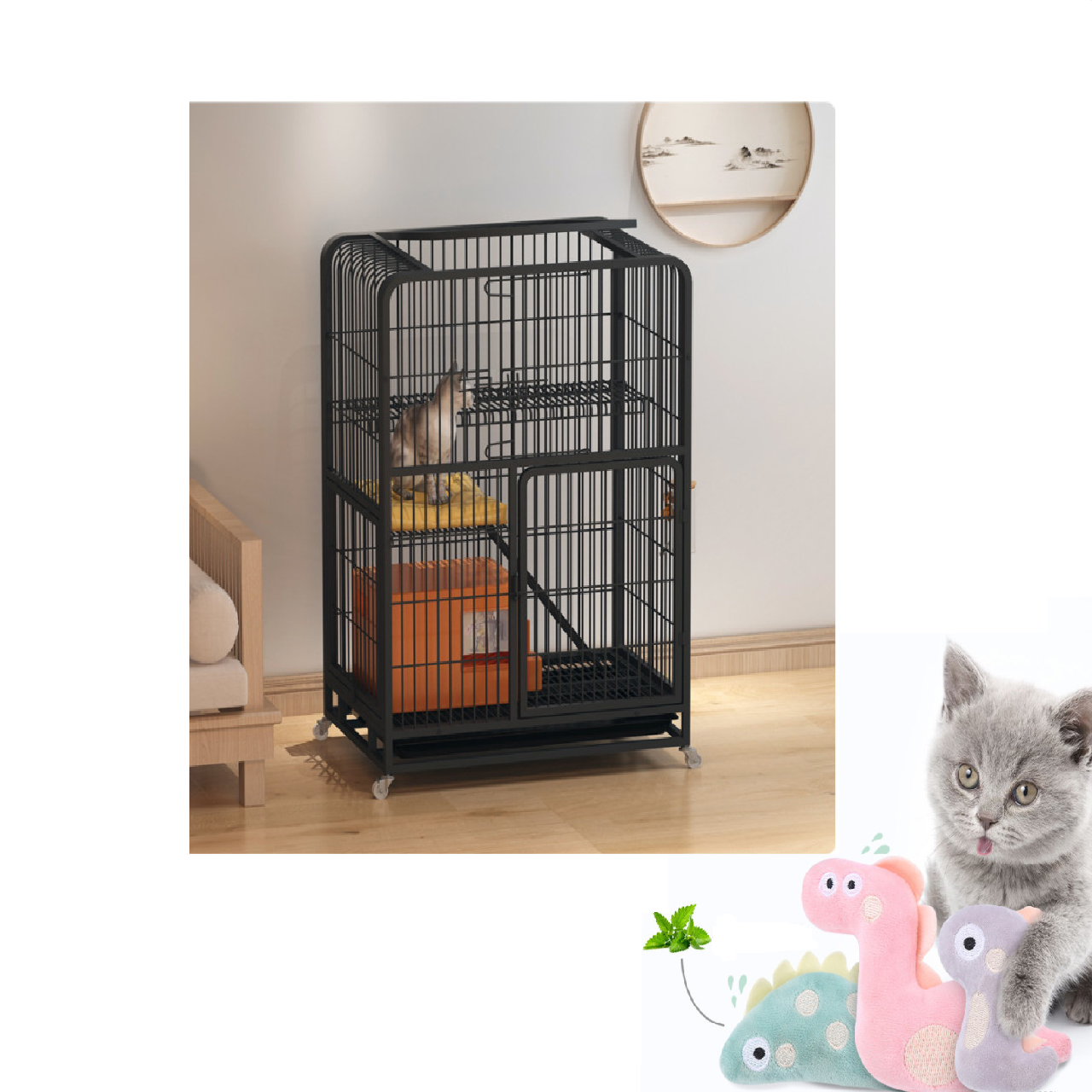 Nhà cho mèo 2 tầng nan ống sơn tĩnh điện kích thước 110x78x55cm - nhà 2 tầng cho mèo size lớn mẫu đẹp 3 màu đen trắng hồng - nhà mèo 2 tầng nan ống
