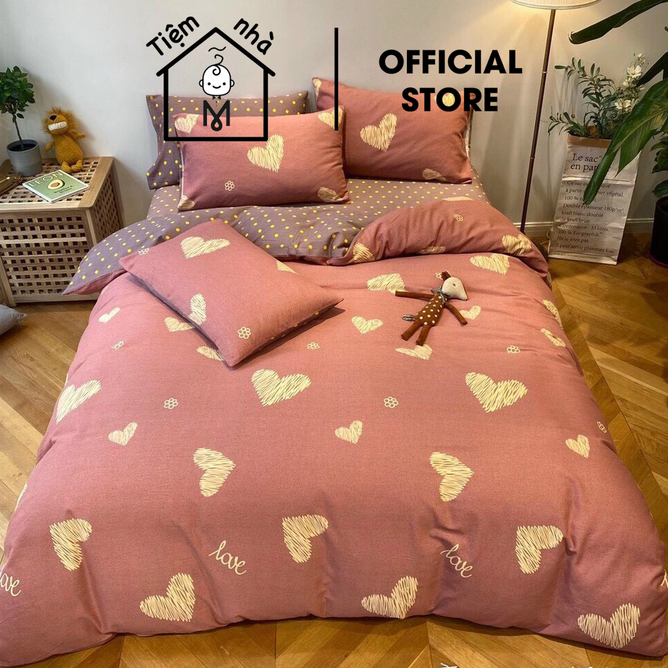 Bộ chăn ga gối cotton trái tim - hàng nhập khẩu - thoáng, mát, mịn, mềm
