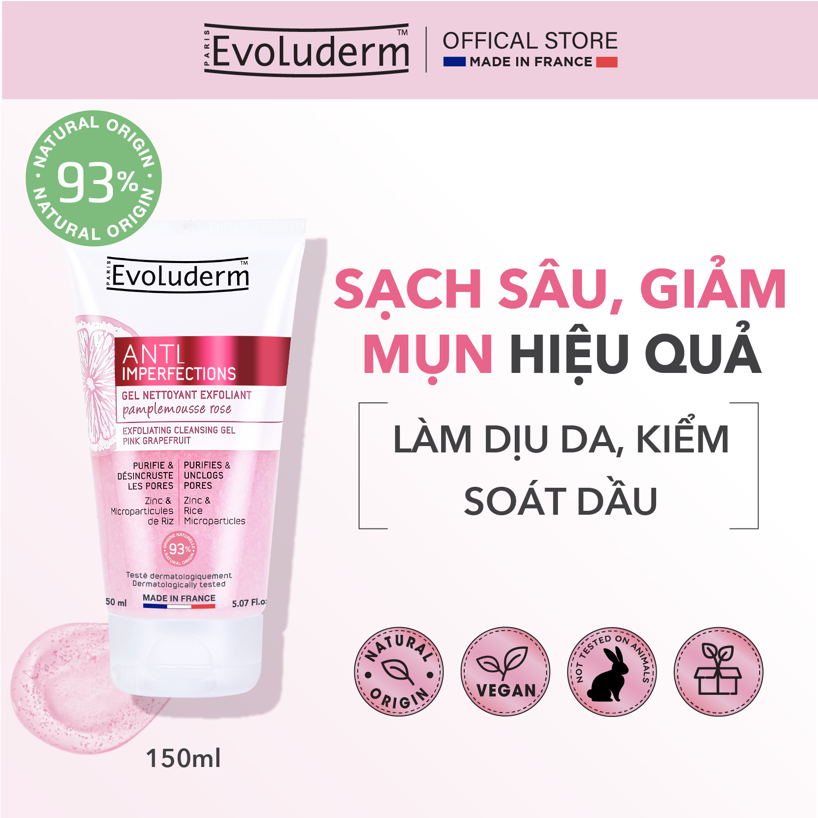 Gel rửa mặt tẩy tế bào chết Evoluderm giúp làm sạch giảm mụn đầu đen dành cho da nhờn mụn 150ml