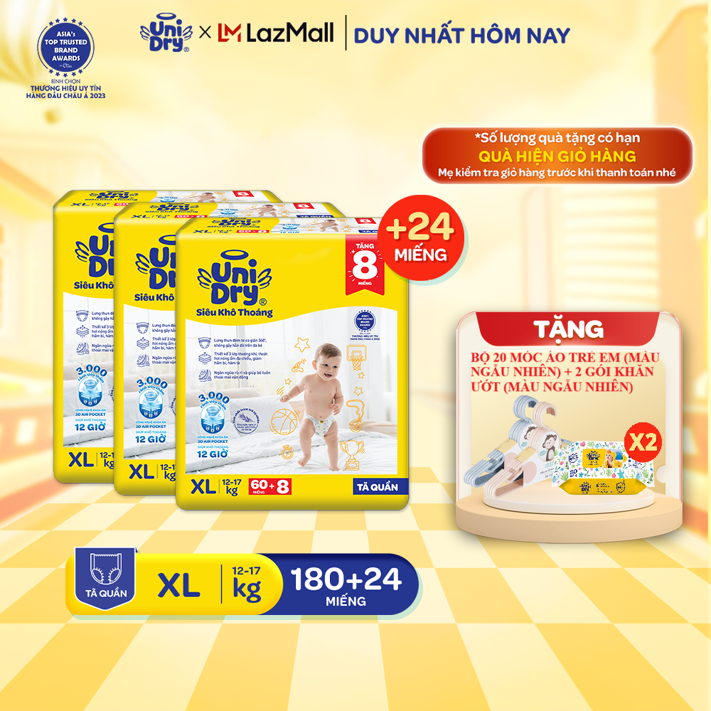  Combo 3 Tã quần UniDry Siêu khô thoáng gói Super Jumbo mới size M76 L68 XL60 XXL54 + 8 miếng 
