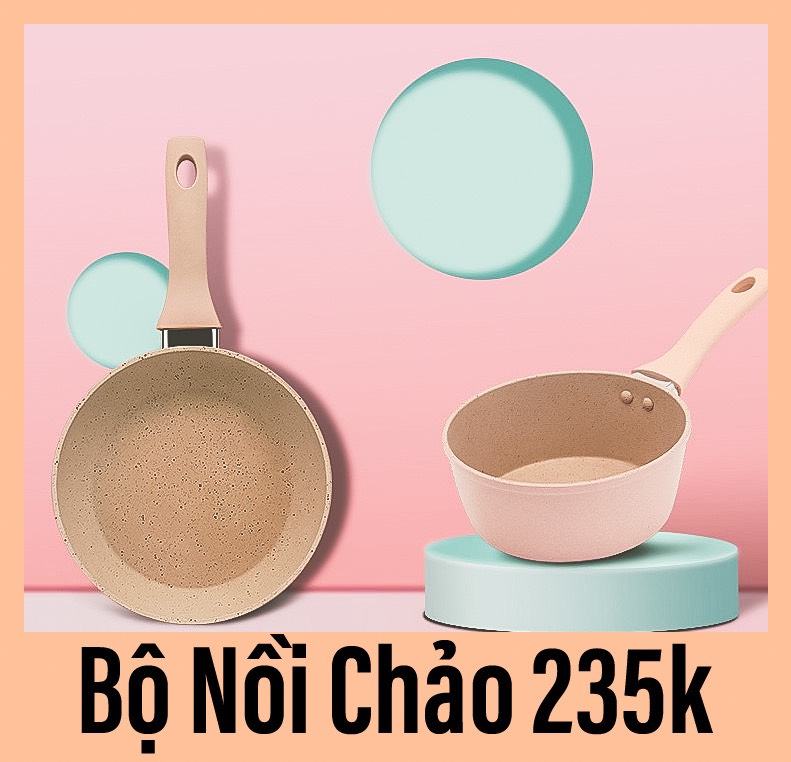 (SQUID GAME)Bộ Nồi Chảo Chống Dính Cao Cấp 16cm Vân Đá Hoa Cương Hồng Đáy Từ Dùng Mọi Loại Bếp