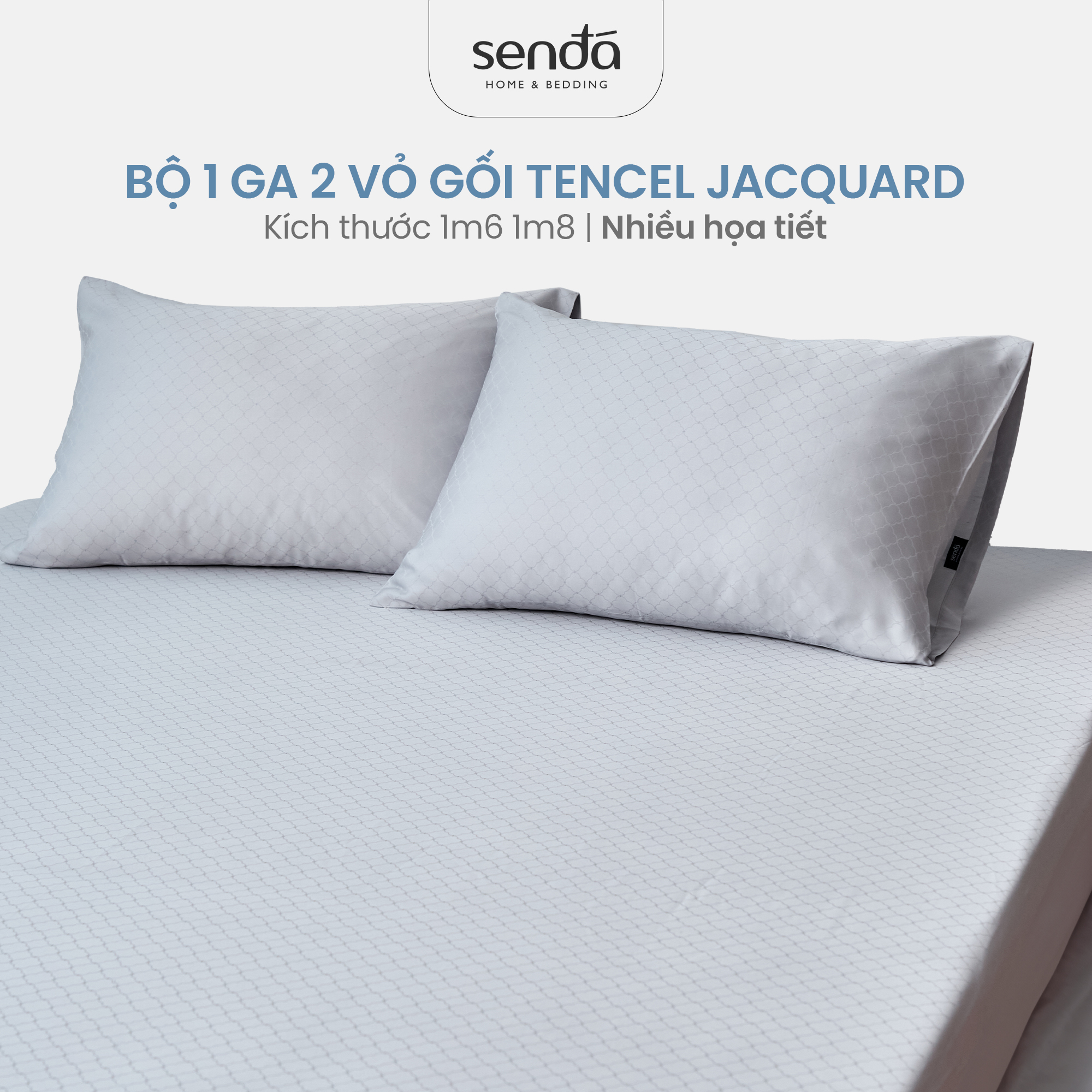 Bộ ga gối 3 món Lụa Tencel Jacquard Sen Đá Home Bedding cao cấp trơn màu, set 2 vỏ gối, 1 ga giường bo chun 1m6 1m8