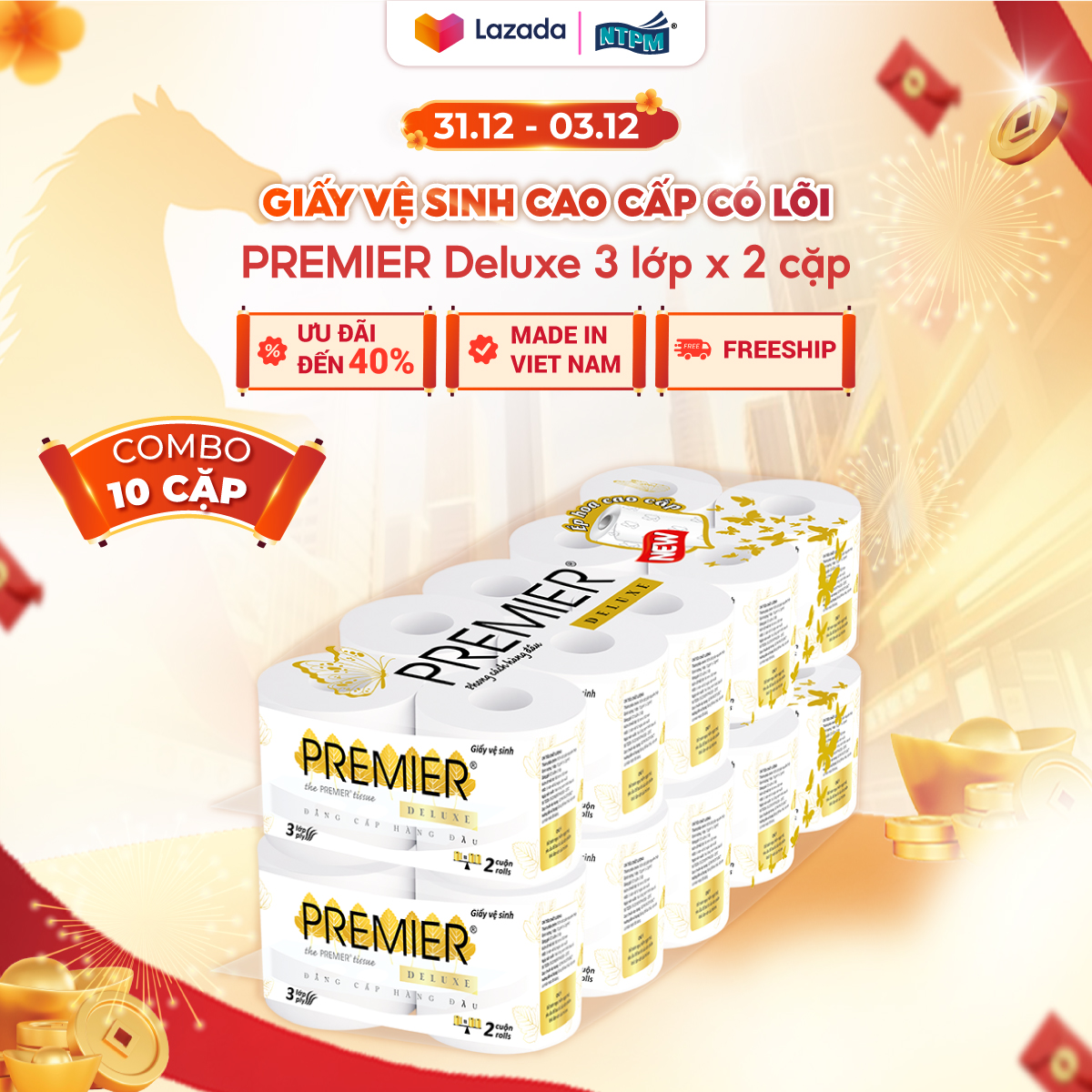   COMBO 20 CUỘN  Giấy vệ sinh cao cấp PREMIER Deluxe có lõi 3 lớp - 100% bột giấy nguyên sinh không chất tẩy 10 cuộn lốc – Chính hãng 