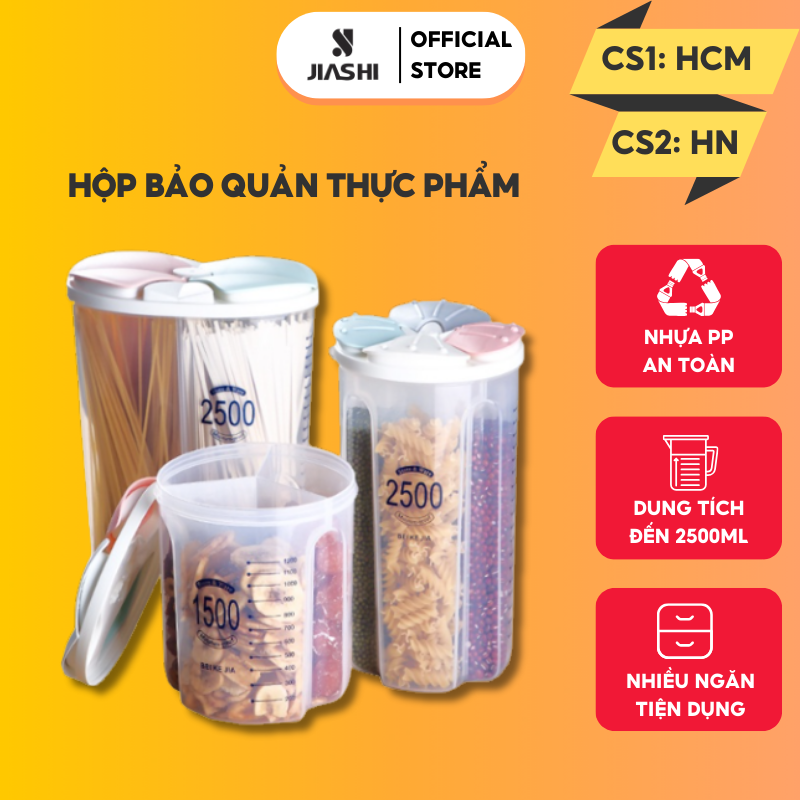 Hộp lọ hũ nhựa trong suốt Jiashi nhiều ngăn, hộp đựng gia vị, thực phẩm, đồ khô, ngũ cốc, trà, cafe 1500ml/2500ml HBQ03