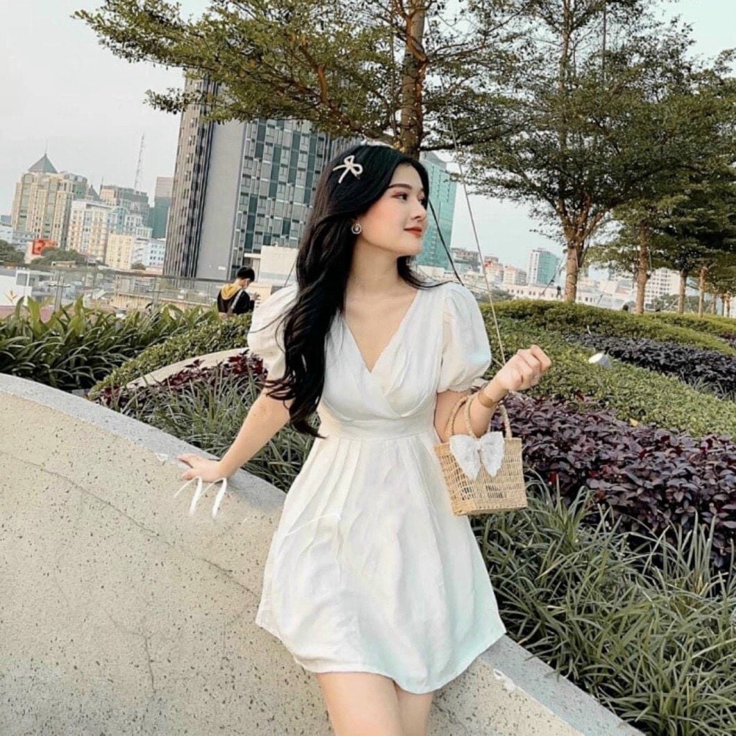 Đầm váy trắng cổ v nơ sau