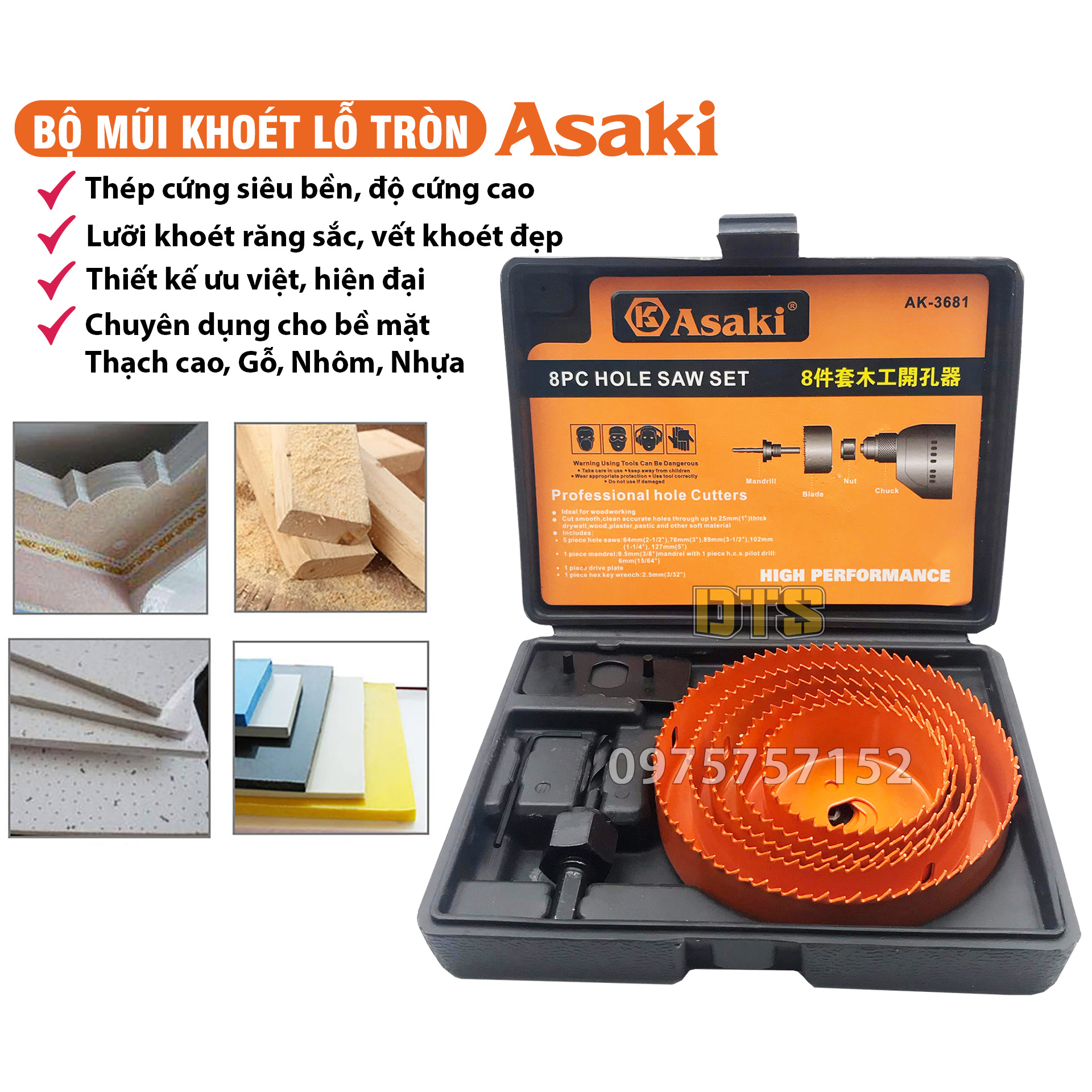  Bộ 5 mũi khoan khoét lỗ tròn thạch cao gỗ Ø64-127mm hãng Asaki AK-3681 bộ khoét lỗ trần thạch cao khoét lỗ thùng loa khoét gỗ nhựa hợp kim bộ công cụ khoét lỗ ống nhựa PVC PPR răng sắc nhọn vết khoét đẹp khoét lỗ gỗ 