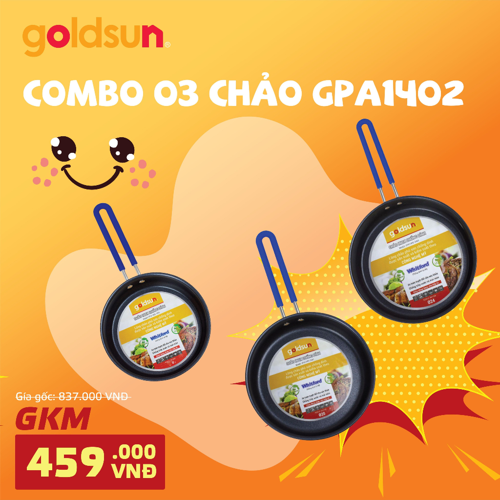 Combo-003 bộ 3 chảo inox goldsun chống dính dùng được cho bếp từ gpa1402