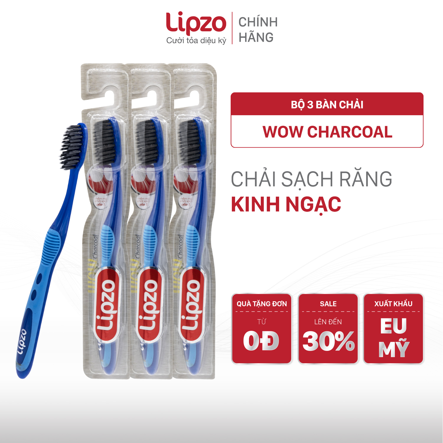 Combo 3 bàn chải đánh răng lipzo wow charcoal than hoạt tính công nghệ chỉ tơ vàng hai lớp nano kháng khuẩn hút ẩm khử mùi