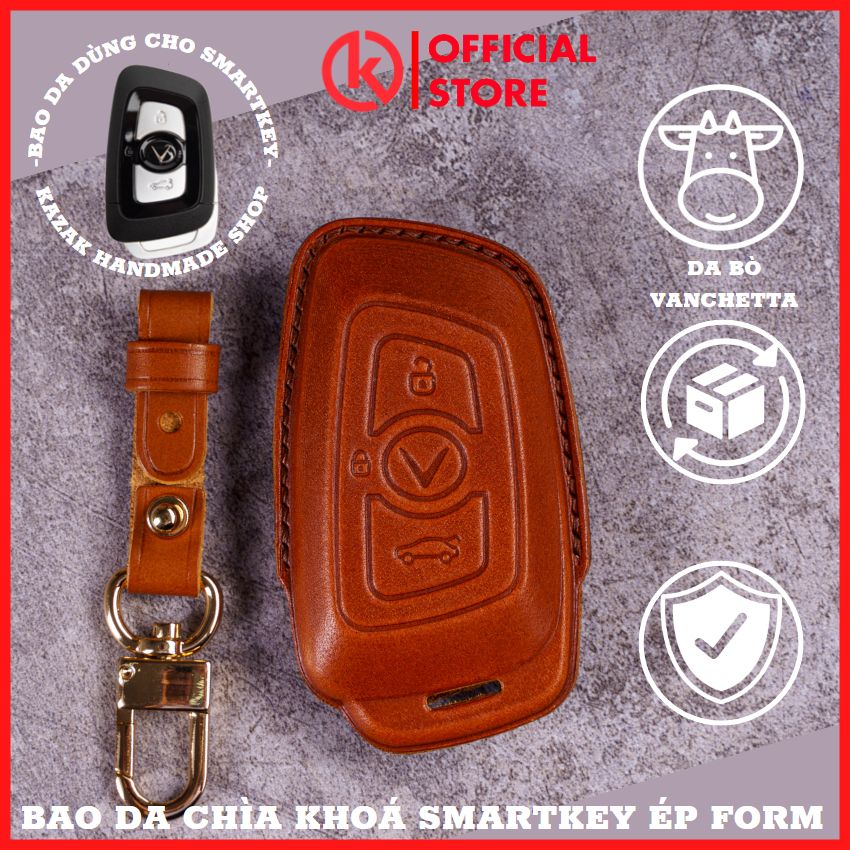 Bao Da Chìa Khoá Ép Form Smartkey Ô Tô Vinfast Lux A 2.0, Lux SA 2.0 Chìa Khoá 3 Nút Bấm Ốp Chìa Khoá Da Thật May Thủ Công Kazak VIN-C3