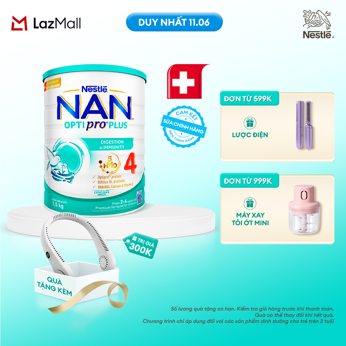 [Chỉ 11.06 QT Đơn 599K/999K/1299K][Tặng Quạt đeo cổ] Sữa Bột Nestlé NAN OPTIPRO PLUS 4 1500g Cho Bé 2 - 6 Tuổi: Công Thức Độc Quyền Nhập Khẩu Từ Thụy Sỹ, Chứa Phức Hợp 5-HMO