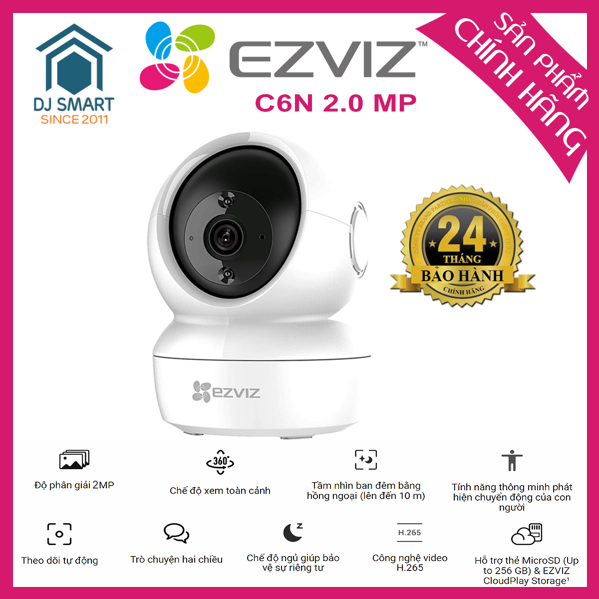 Kèm thẻ nhớ 64Gb - Camera wifi Ezviz C6N 2Mp Full HD xoay 360 độ, đàm thoại 2 chiều, báo động khi có người lạ, theo dõi chuyển động, BH Chính Hãng 24 tháng