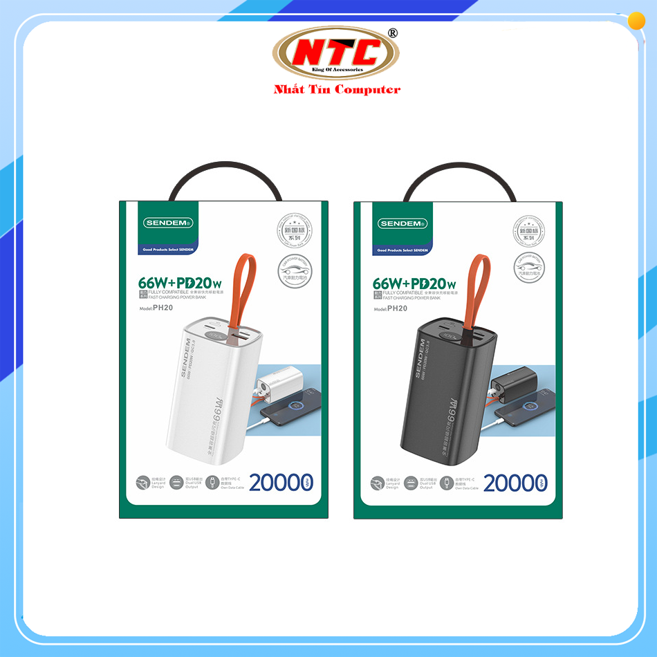 Pin dự phòng SENDEM PH20 20000mAh Cáp TypeC Out VOOC 66W, USB QC 3.0 22.5W