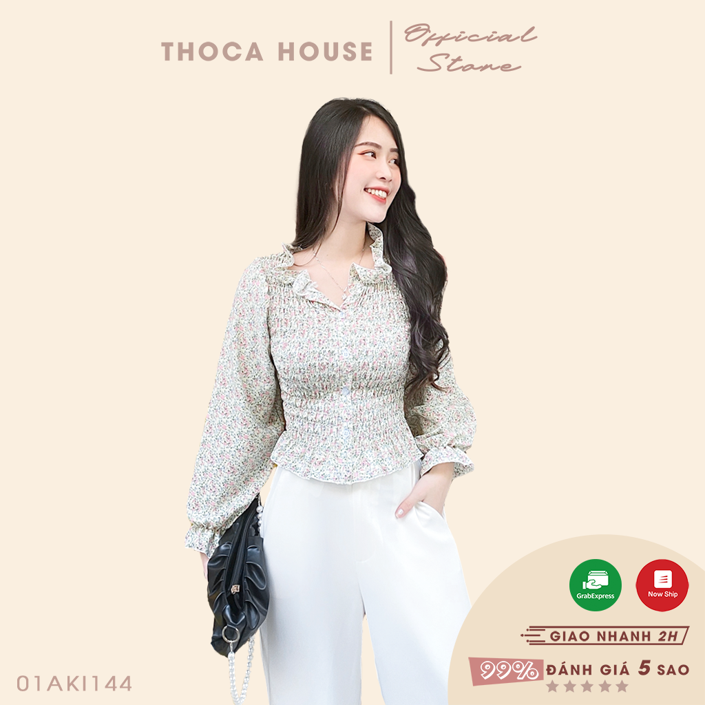 Áo kiểu hoa nhí nhún bèo cổ xòe tay bo dài THOCA HOUSE trending cực xinh cho nàng công sở, dễ phối đồ