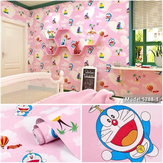 10 mét giấy dán tường hình Đoremon hồng khổ rộng 45cm có keo dán sẵn