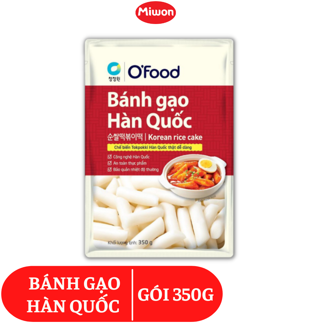 Bánh gạo Tokbokki Hàn Quốc O'Food 350g dạng thỏi to, dẻo dai và bảo quản nhiệt độ thường, hạn sử dụng 12 tháng