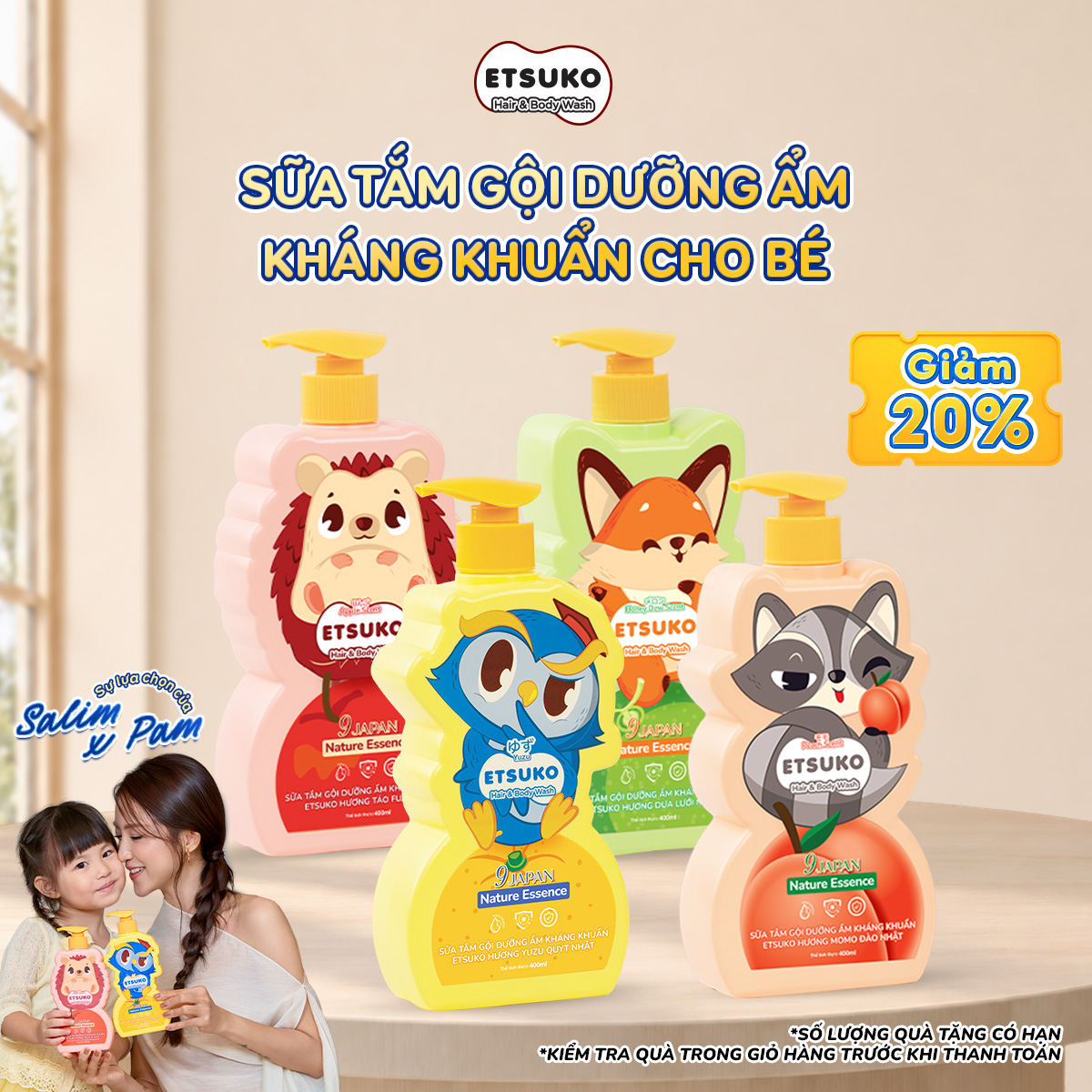 Sữa Tắm Gội ETSUKO 400ml Dưỡng Ẩm Dịu Nhẹ Kháng Khuẩn Bảo Vệ, An Toàn Cho Bé Từ 3 Tuổi Trở Lên.