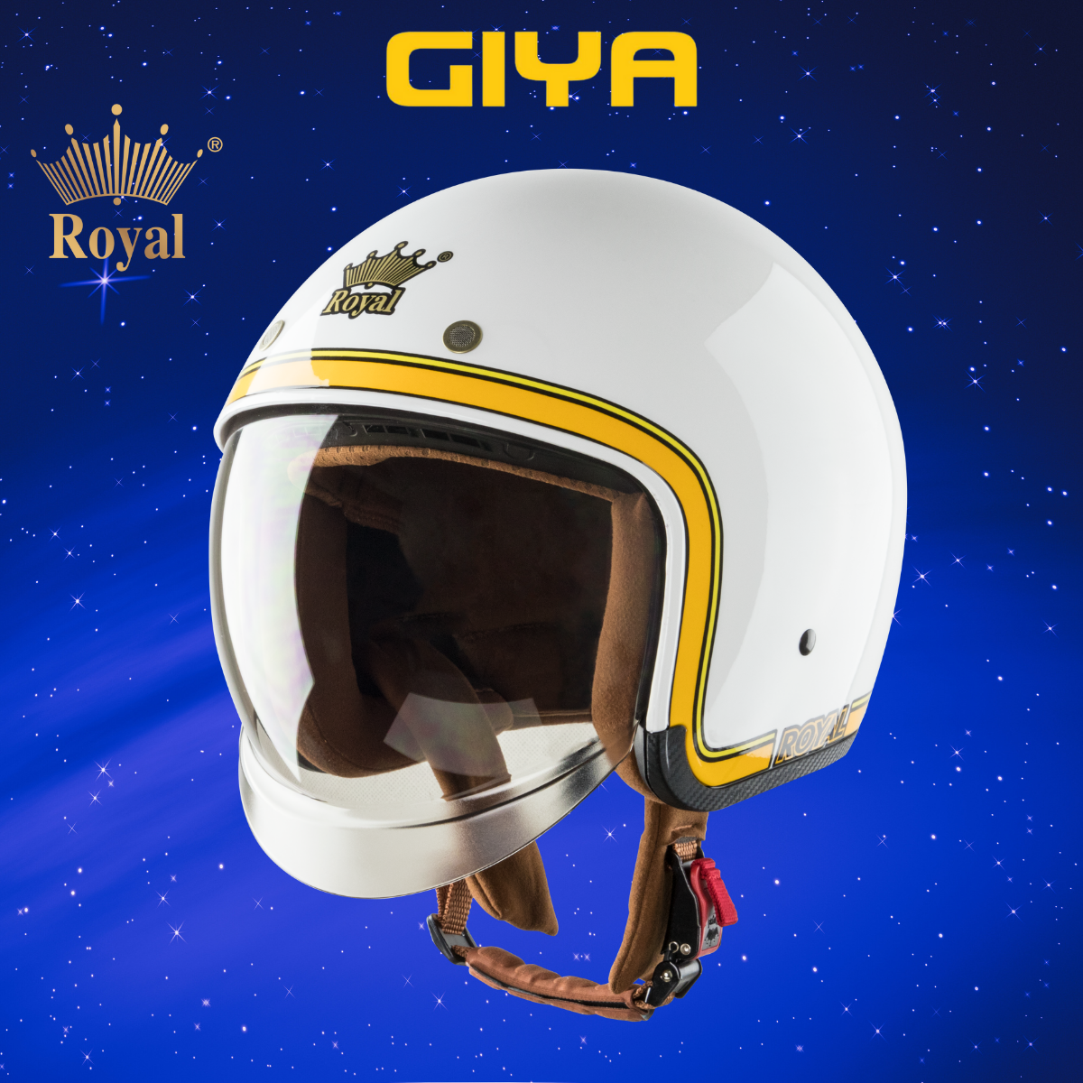 Nón bảo hiểm 3/4 Royal M139 kính âm V10 trắng bóng phối viền vàng nổi bật,nón kính khói trà hạn chế tia UV, bảo hành 12 tháng phù hợp cho cả nam và nữ - Giya Helmet