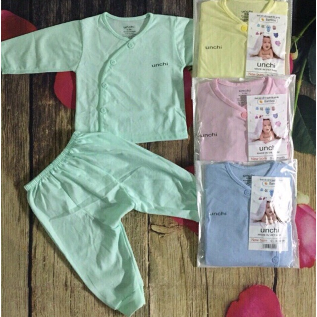 Bộ Sơ Sinh Cotton Unchi Hè Thu Dài Tay Quần Đáp Đũng Cho Bé 3-8Kg