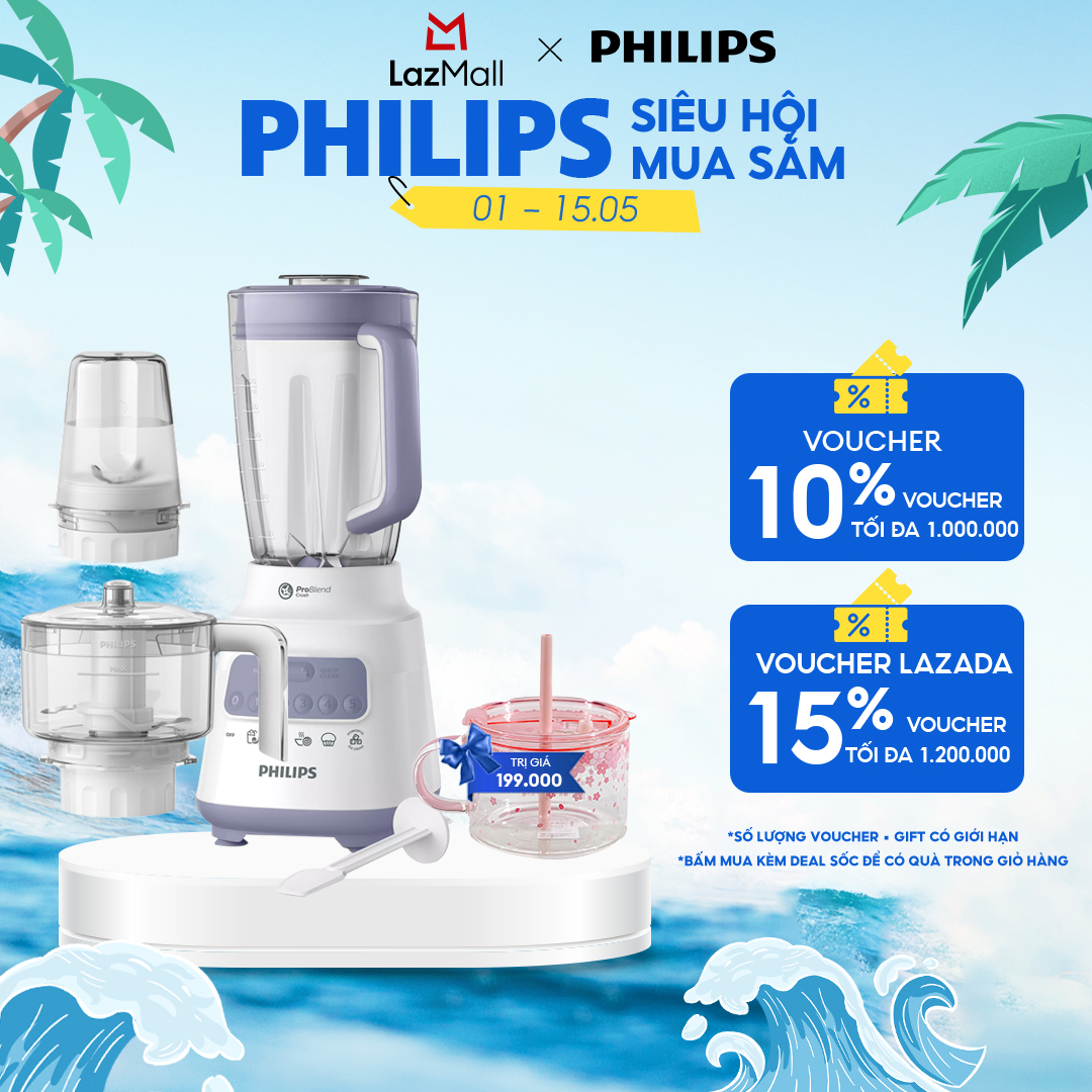Máy Xay Sinh Tố Philips HR2223/00 (Trắng)|700W|-Bộ 3 Cối Xay Nhựa-5 Chế Độ Cài Đặt Sẵn- Nghiền Mịn Đá--Hàng Phân Phối Chính Hãng.