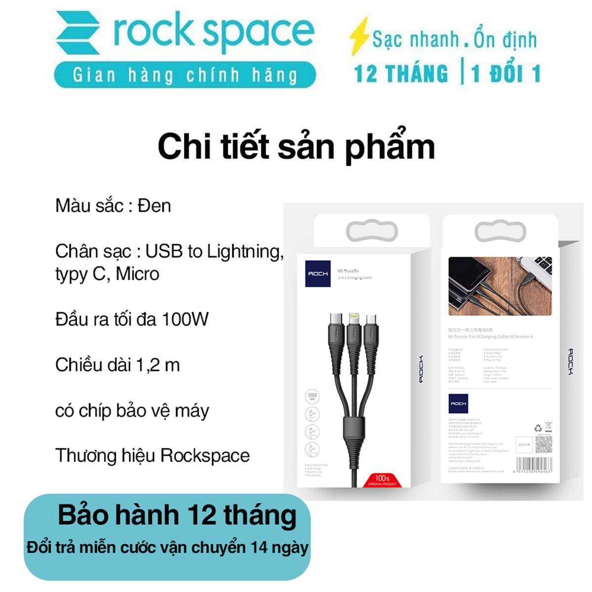 Dây cáp sạc nhanh 3 đầu iphone typeC micro Rockspace Hi-Tensile dây dù sạc 3 thiết bị cùng lúc BH 12 tháng