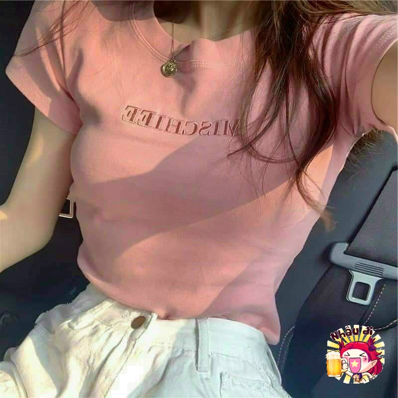 Áo thun croptop tay ngắn ôm body màu hồng cute in chữ phong cách Ulzzang QN