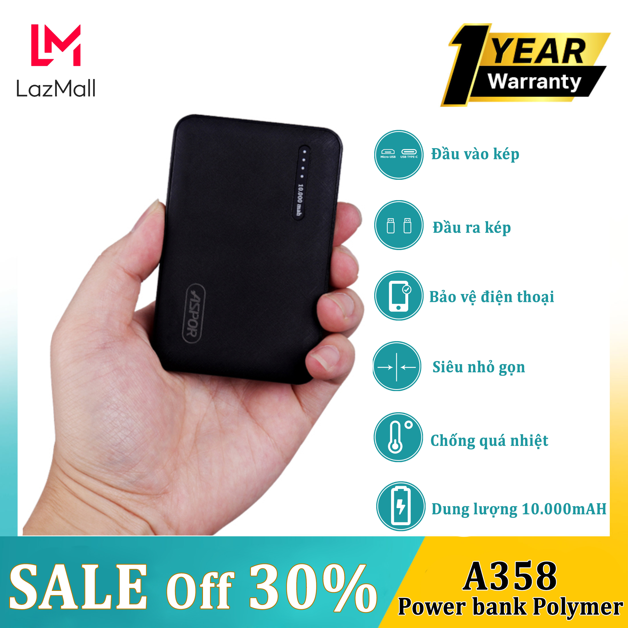 Pin sạc dự phòng Aspor A358 mini 10.000mah Pin polymer - Bảo hành 2 năm chính hãng
