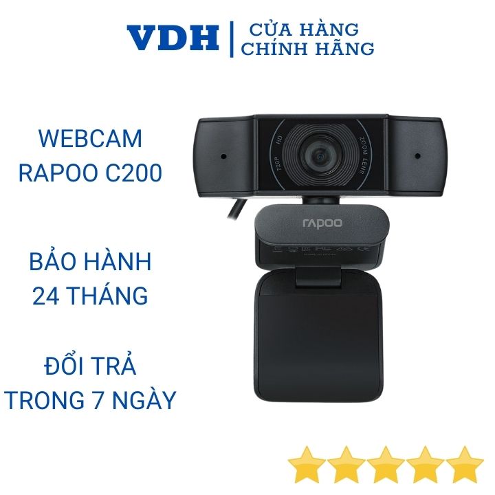 Webcam máy tính Rapoo C200 mini HD 720P tích hợp mic giảm ồn hỗ trợ học trực tuyến online, livestream cho pc laptop - VDH STORE
